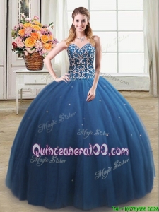 Popular Beaded Bodice Teal Quinceanera Dress in Tulle