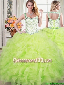 Popular Straps Organza Ruffled and Beaded Quinceanera Dress in Yellow Green