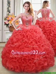 See Through Straps Beaded and Ruffled Rolling Flowers Back Sweet 15 Dress in Coral Red