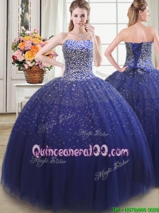 Simple Really Puffy Beaded Bodice Tulle Quinceanera Dress in Royal Blue