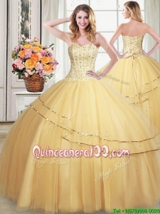 Simple Sequined and Beaded Bodice Tulle Quinceanera Dress in Gold