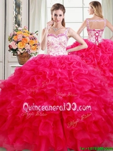 Wonderful Laced Bodice Beaded Top Ruffled Quinceanera Dress in Hot Pink
