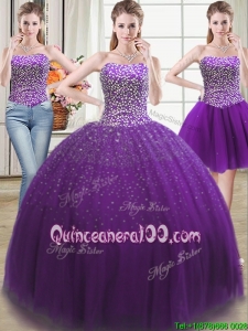 Best Puffy Beaded Bodice Tulle Detachable Quinceanera Dress in Purple