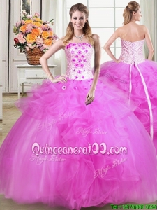 Brand New Puffy Strapless Tulle Beaded Applique and Ruffles Quinceanera Dress in Fuchsia