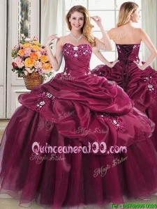 Classical Applique and Pick Ups Burgundy Sweet 16 Dress in Organza