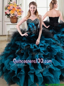 Classical Beaded and Ruffled Quinceanera Gown in Black and Blue
