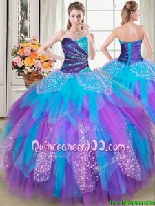 Discount Puffy Beaded and Ruffled Rainbow Colored Quinceanera Dress in Tulle and Sequins