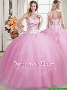 Fashionable Puffy Skirt Tulle Rose Pink Sweet 16 Dress with Beading