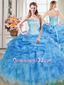 Informal Sweetheart Organza Beaded and Pick Up Quinceanera Dress in Blue