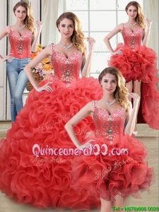 Luxurious See Through Rolling Flowers Coral Red Detachable Quinceanera Dresses with Beading and Ruffles