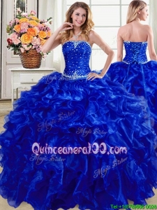 Most Popular Ruffled Organza Strapless Quinceanera Gown in Royal Blue