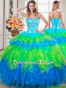 New Style Visible Boning Beaded Bodice and Ruffled Layers Quinceanera Dress