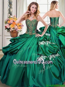 Pretty Beaded Bodice Applique Bubble Sweet 16 Dress in Dark Green