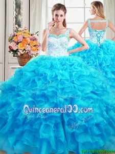 Romantic Straps Baby Blue Quinceanera Gown with Laced Bodice and Beaded Top