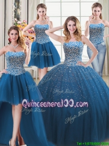 Simple Three for One Puffy Tulle Teal Detachable Quinceanera Dress with Beading