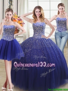 2017 Discount Puffy Beaded Bodice Royal Blue Detachable Quinceanera Dress in Tulle