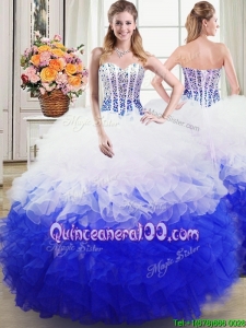 Beautiful Puffy Sweetheart White and Blue Organza Quinceanera Dress with Beading and Ruffles