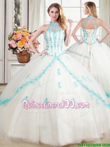 Cheap See Through Puffy Halter Top White Quinceanera Dress with Appliques and Beading