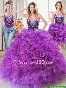 Classical Two for One Puffy Ruffled and Beaded Detachable Quinceanera Dress in Eggplant Purple