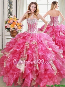 Gorgeous Visible Boning Ruffled Hot Pink Quinceanera Dress in Organza and Sequins