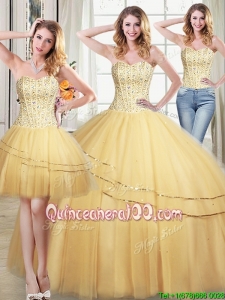 Low Price Sequined and Beaded Bodice Gold Detachable Quinceanera Dress in Tulle