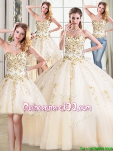 Popular Puffy Skirt Tulle Beaded Detachable Quinceanera Dress in Champagne