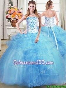 Pretty Puffy Strapless Applique and Ruffled Quinceanera Dress in Light Blue