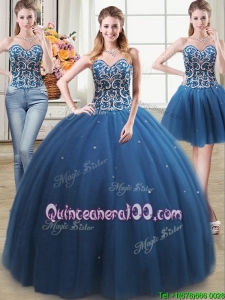 Pretty Tulle Teal Detachable Quinceanera Dress with Beading and Sequins