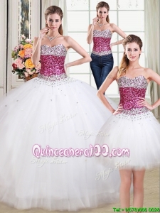 Puffy Sweetheart Beaded Bodice White Detachable Quinceanera Dress in Tulle