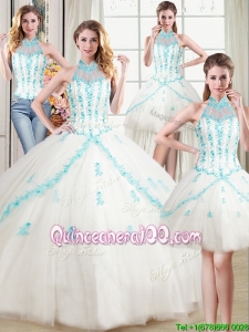 See Through Puffy Halter Top Tulle Detachable White Quinceanera Dress with Appliques and Beading