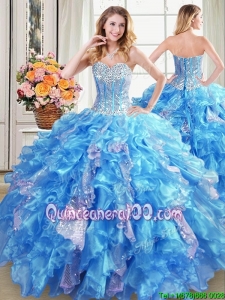 Unique Visible Boning Sweetheart Ruffled Baby Blue Quinceanera Dress in Organza and Sequins