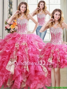 2017 Pretty Visible Boning Organza and Sequins Ruffled Detachable Quinceanera Dress in Hot Pink