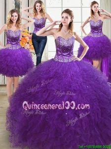 Unique Puffy Sweetheart Beaded and Ruffled Detachable Quinceanera Dress in Eggplant Purple