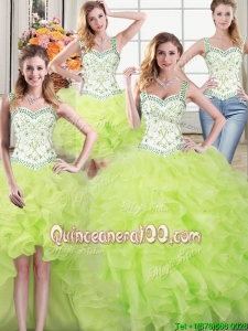 Wonderful Straps Ruffled and Beaded Yellow Green Detachable Quinceanera Dress in Organza