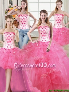 Three for One Strapless Tulle Hot Pink Detachable Quinceanera Dress with Beading and Ruffles