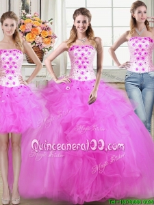 Two for One Puffy Beaded Applique and Ruffled Detachable Quinceanera Dress in Fuchsia