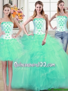 Unique Puffy Strapless Tulle Beaded Appliques and Ruffles Detachable Quinceanera Dress in Turquoise