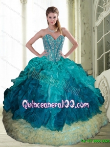 2015 Popular Beading and Ruffles Sweetheart Quinceanera Dresses in Multi Color