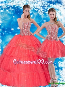 2015 Pretty Beading and Ruffled Layers Sweetheart Quinceanera Dresses in Coral Red