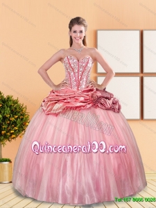 Pretty 2015 Beading and Pick Ups Sweetheart Quinceanera Dresses in Rose Pink