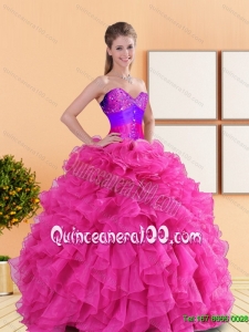 Pretty 2015 Beading and Ruffles Sweetheart Quinceanera Dresses in Hot Pink