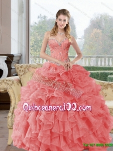 2015 Popular Beading and Ruffles 16 Birthaday Party Dresses in Watermelon