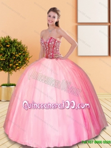 2015 Remarkable Beading Sweetheart Ball Gown 16 Birthaday Party Dresses in Rose Pink
