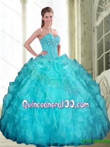 2015 Romantic Beading and Ruffles Sweetheart 16 Birthaday Party Dresses in Aqua Blue