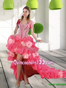 Unique Coral Red High-low Quinceanera Dresses with Beading and Ruffled Layers