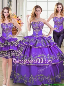 Elegant Puffy Sweetheart Taffeta Embroideried and Ruffled Layers Detachable Quinceanera Dress in Purple