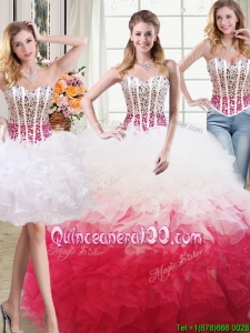 Discount Two for One Organza Beaded Bodice and Ruffled Detachable Quinceanera Dress in White and Red