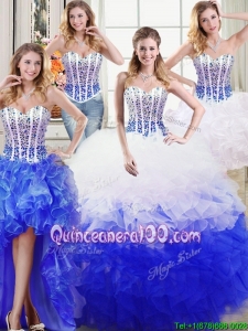 Luxurious Puffy Sweetheart Organza Beaded and Ruffled Quinceanera Dress in White and Blue