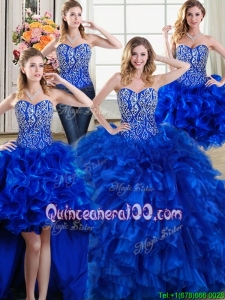 Modest Three for One Puffy Beaded and Ruffled Royal Blue Detachable Quinceanera Dress with Brush Train
