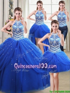 Unique Puffy Halter Top Tulle Beaded Decorated Detachable Quinceanera Dress in Royal Blue